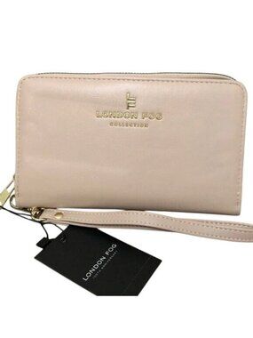 London Fog Preston Cream Zip Around Wallet With Front Card Fold Wrist Strap